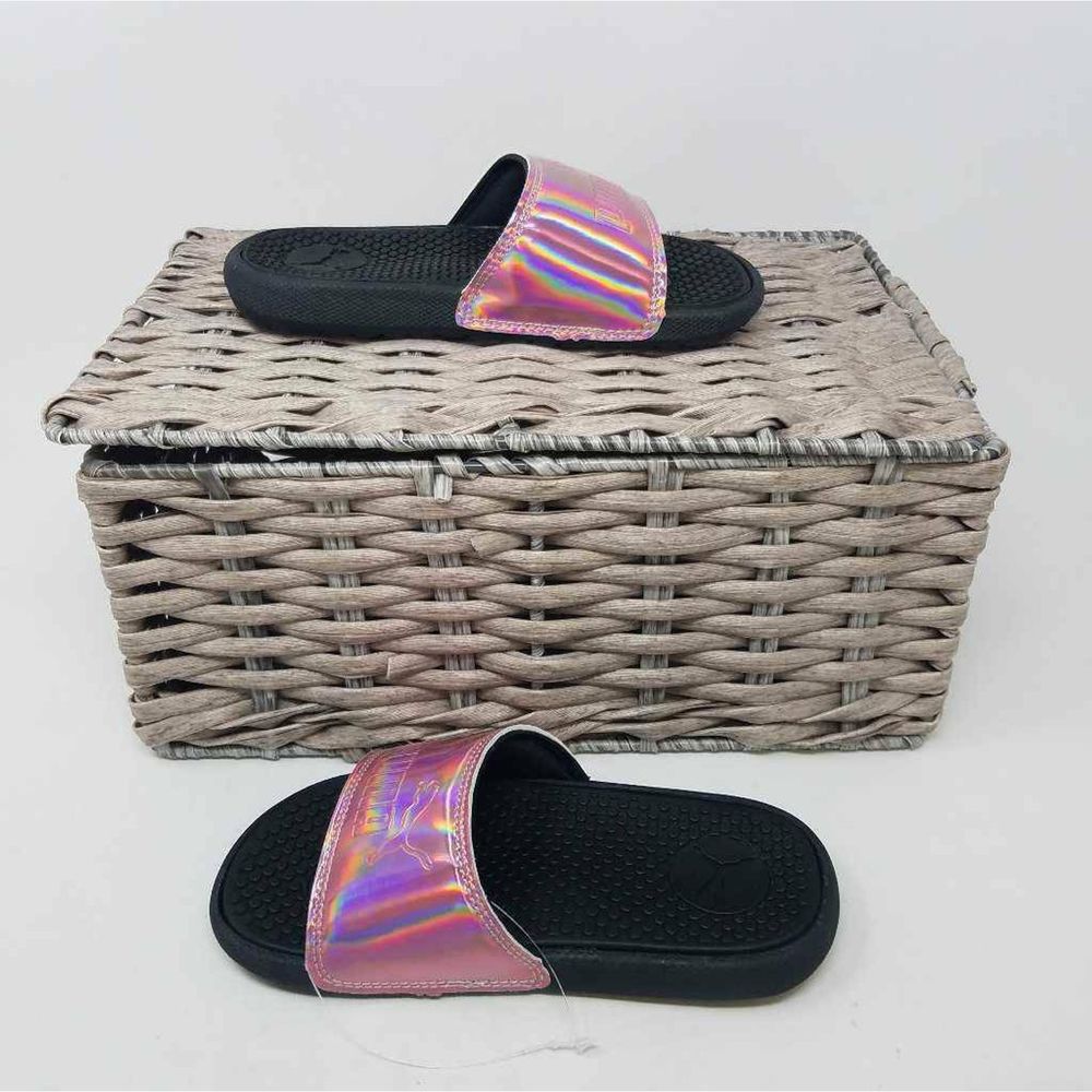 EUC PUMA Girls Pink Holographic Slides Sandals 12